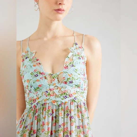 Free People One Adella Asymmetrical Slip Lace Ruffle Flowy Dress in Blue sz Med - Picture 2 of 12